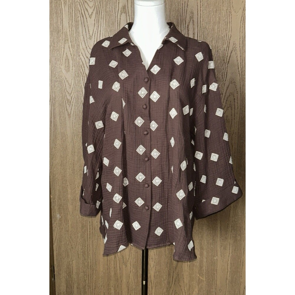 Cynthia Rowley Cotton Gauze Embroidered Button Up Blouse Brown Plus Size 1X - Picture 6 of 12